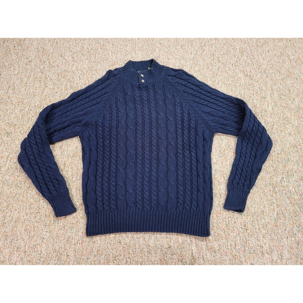 OshKosh Bgosh Cable Knit Sweater Mens XL Navy Blue‎ Mock Neck Button Fisherman